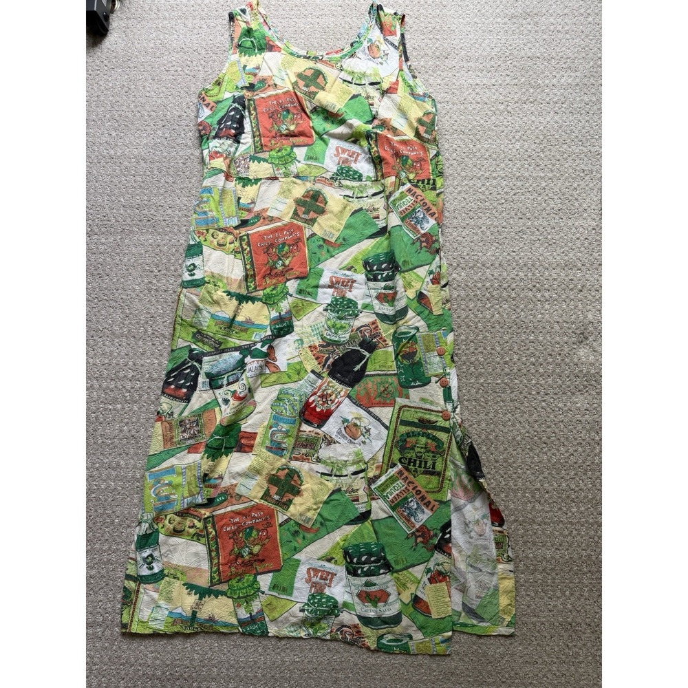 VTG 90s Jams World Food Art Dress Print Hot Sauce Salsa Print Size Large